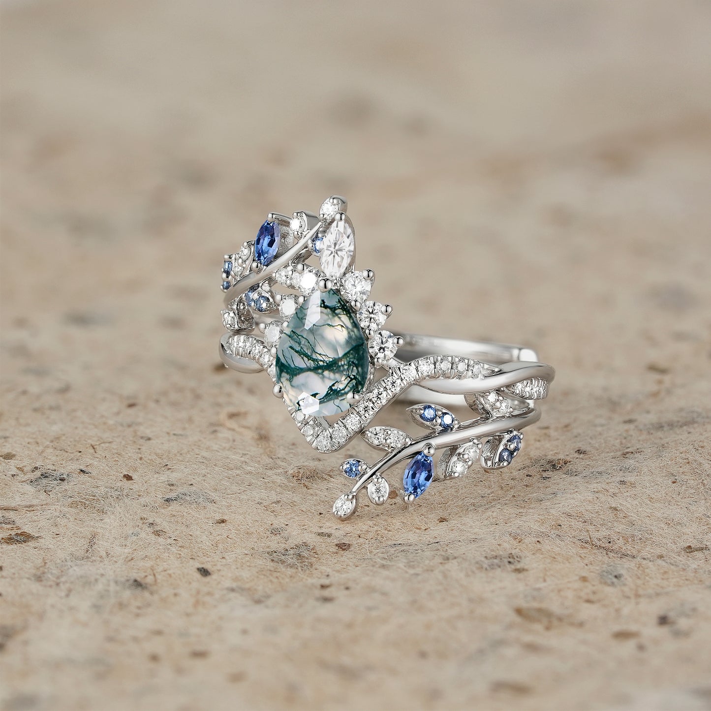 Moss Agate and Sapphire Crown Leaf Ring Set - Esme