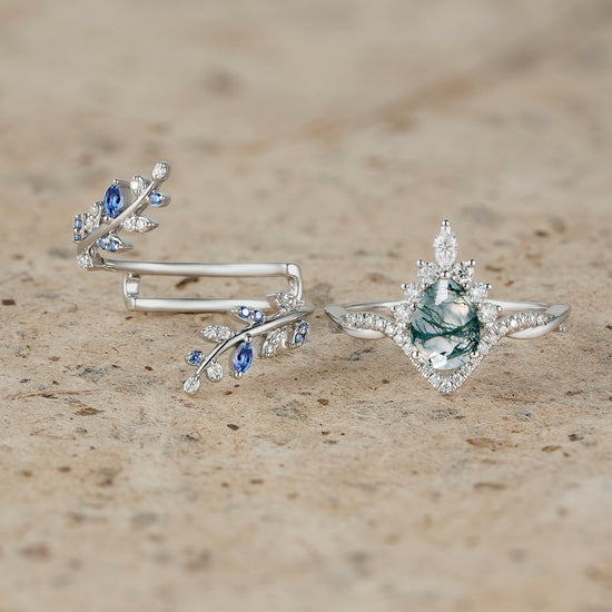 Moss Agate and Sapphire Crown Leaf Ring Set - Esme