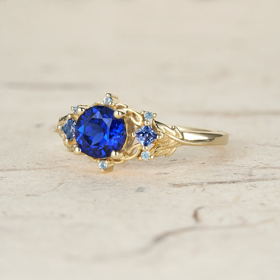 Three Stone Royal Blue Sapphire Engagement Ring - Estelle