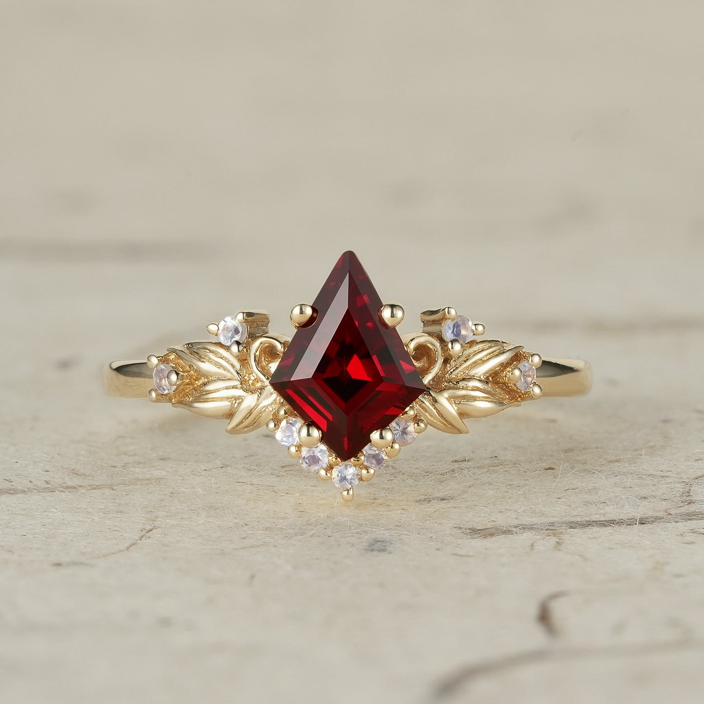 Eternal Flame: Ruby and Moonstone Leaf Ring - Brielle