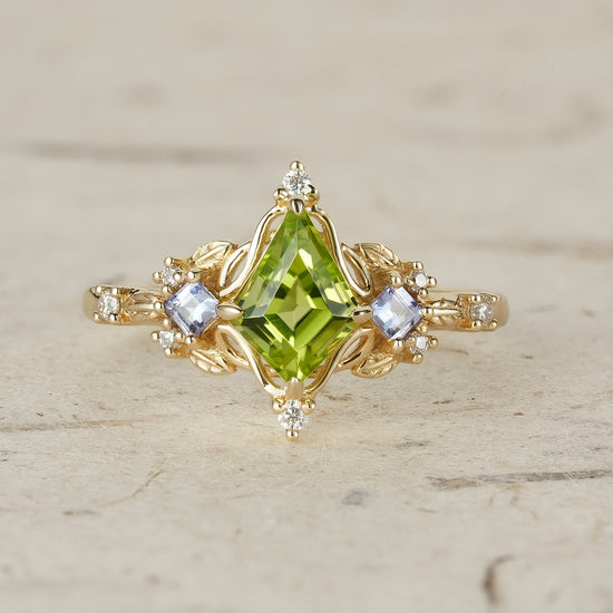 Three-Stone Peridot and Tanzanite Leaf Ring - Zoe