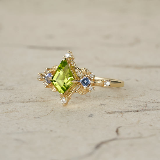 Three-Stone Peridot and Tanzanite Leaf Ring - Zoe