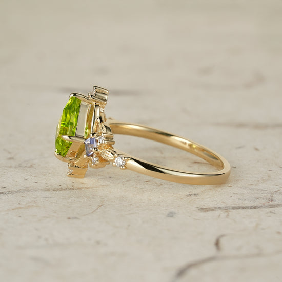 Three-Stone Peridot and Tanzanite Leaf Ring - Zoe