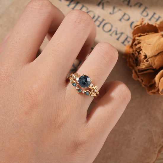 Round Cut Teal Sapphire Ring with Elegant Leaf Motif - Adelaide