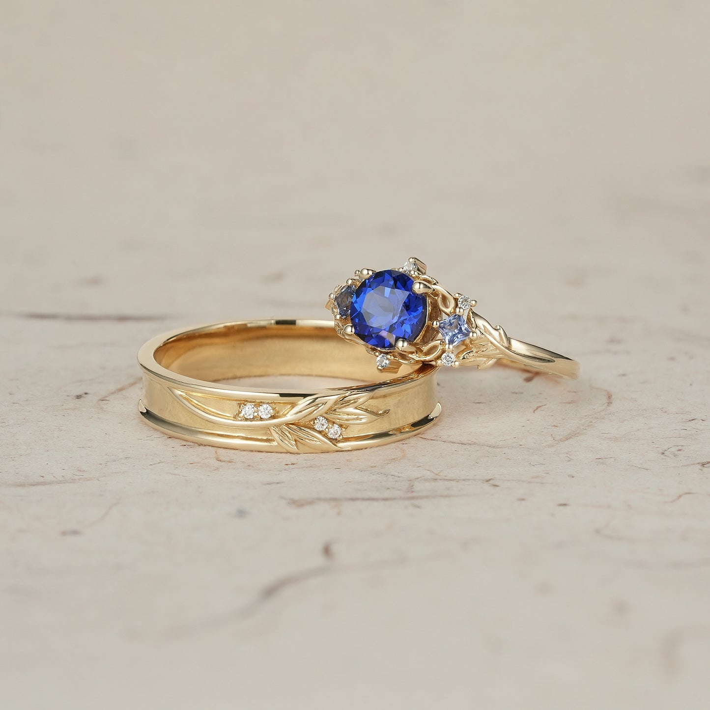 Three-Stone Royal Blue Sapphire Leaf Couple Rings - Infinite Unity