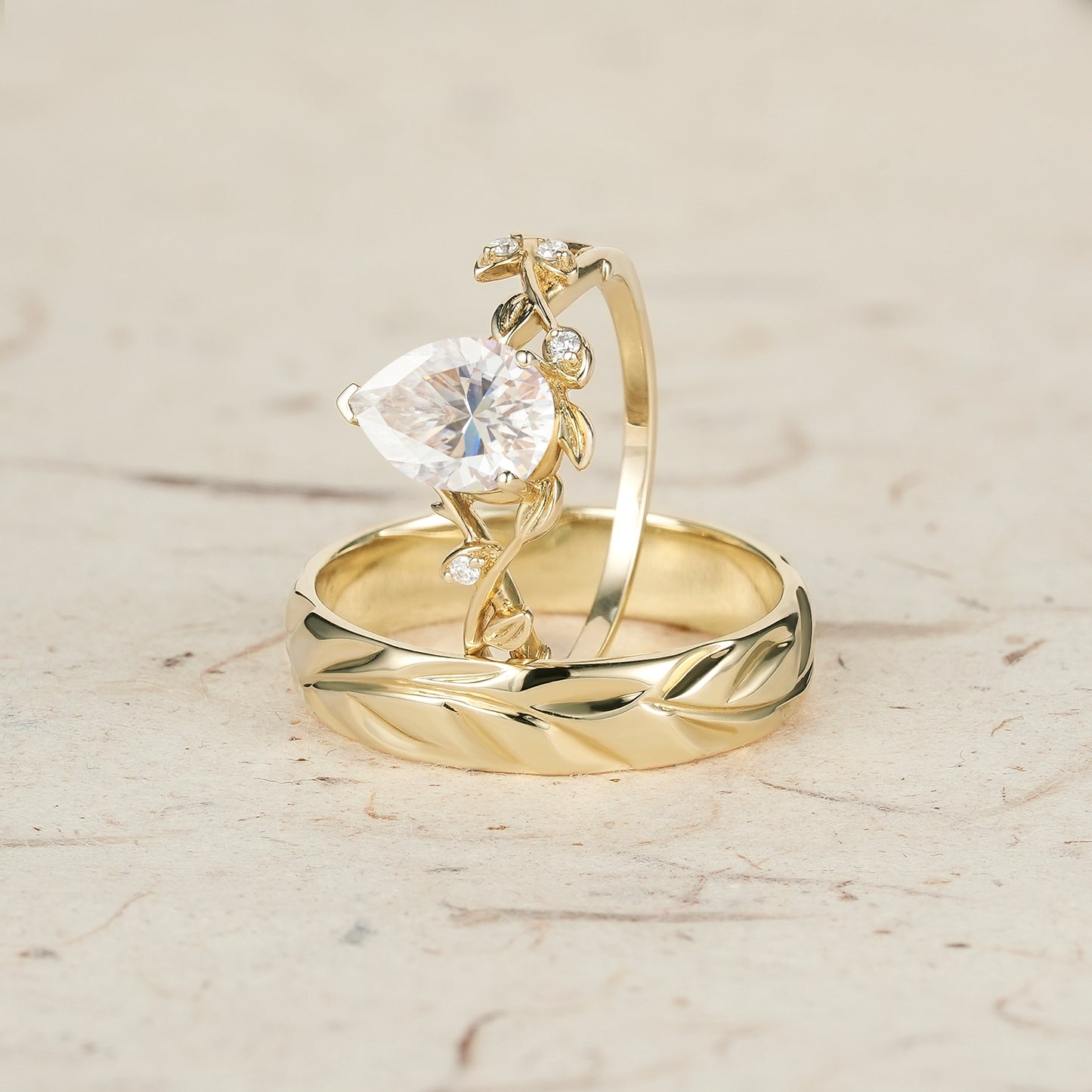 Pear-Cut Vine and Leaf Gold Couple’s Ring Set - Bound by Love