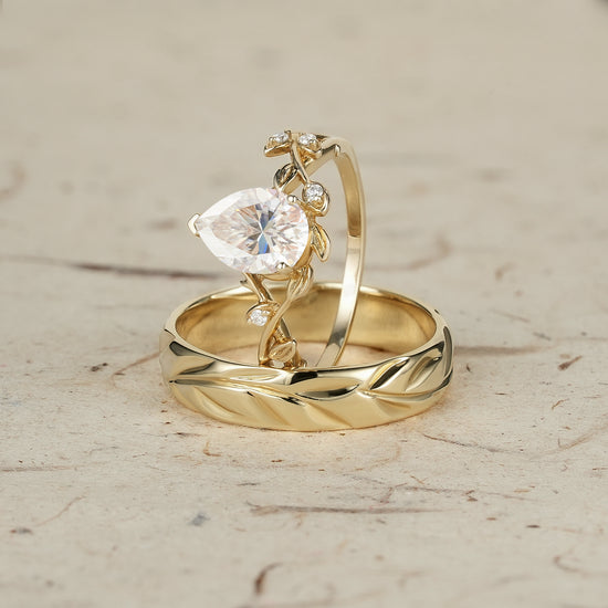 Pear-Cut Vine and Leaf Gold Couple’s Ring Set - Bound by Love