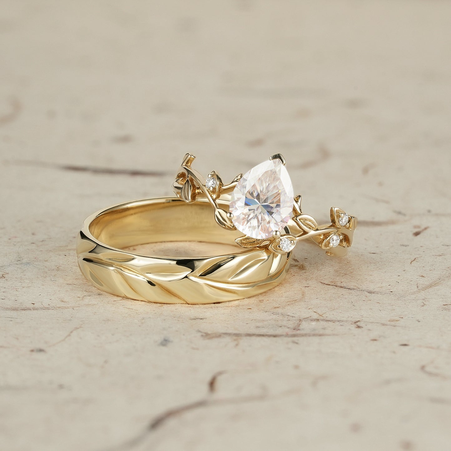 Pear-Cut Vine and Leaf Gold Couple’s Ring Set - Bound by Love