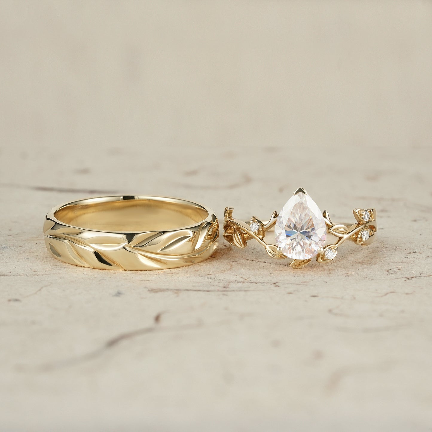 Pear-Cut Vine and Leaf Gold Couple’s Ring Set - Bound by Love