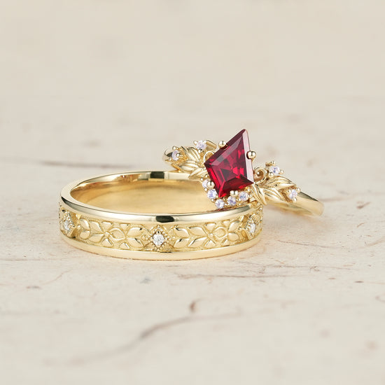 Ruby and Moissanite Leaf Couple Rings - Eternal Bond