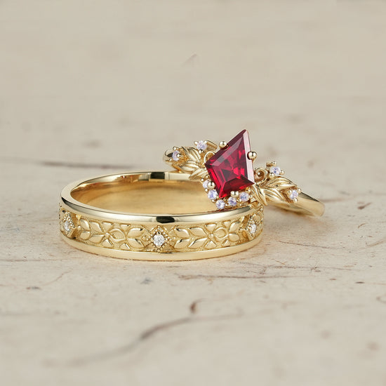 Ruby and Moissanite Leaf Couple Rings - Eternal Bond