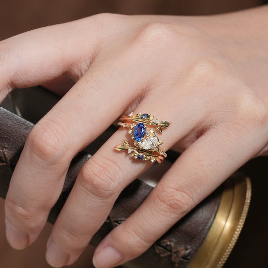 Two - Stone Moissanite and Sapphire Olive Leaf Ring Set - Kyla