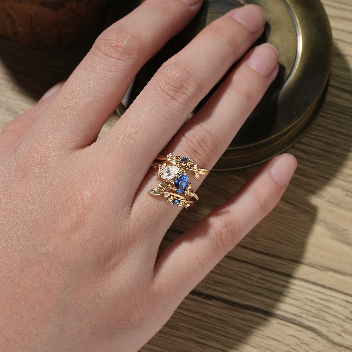 Two - Stone Moissanite and Sapphire Olive Leaf Ring Set - Kyla