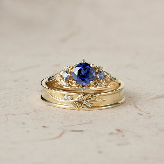 Three-Stone Royal Blue Sapphire Leaf Couple Rings - Infinite Unity