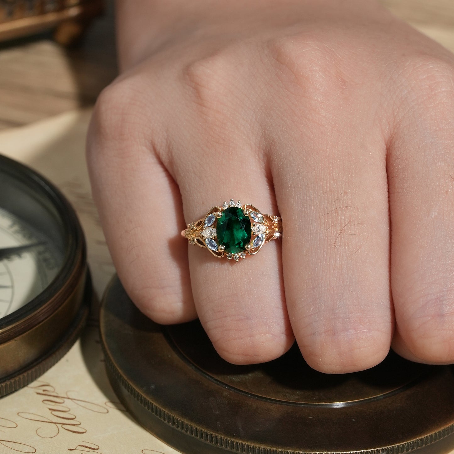 Verdant Majesty: Twisted Leaf Emerald and Ring