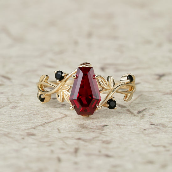 6x9mm Coffin Shaped Ruby Leaf Ring - Grace