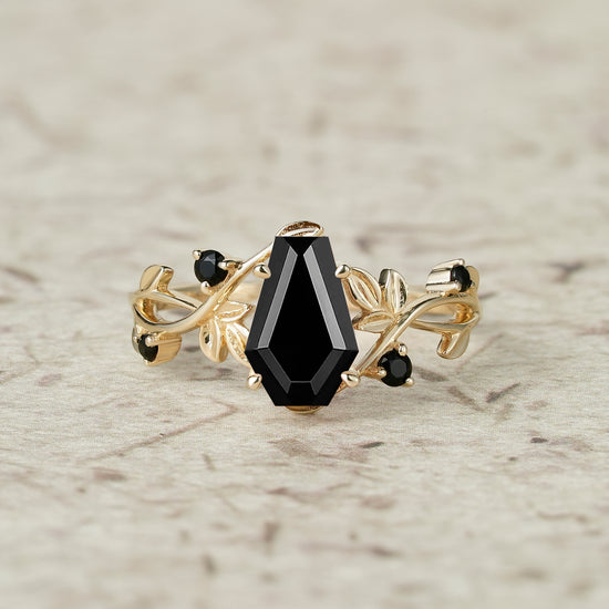 6x9mm Coffin Shaped Black Onyx Leaf Ring - Grace