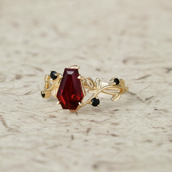 6x9mm Coffin Shaped Ruby Leaf Ring - Grace