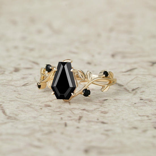 6x9mm Coffin Shaped Black Onyx Leaf Ring - Grace