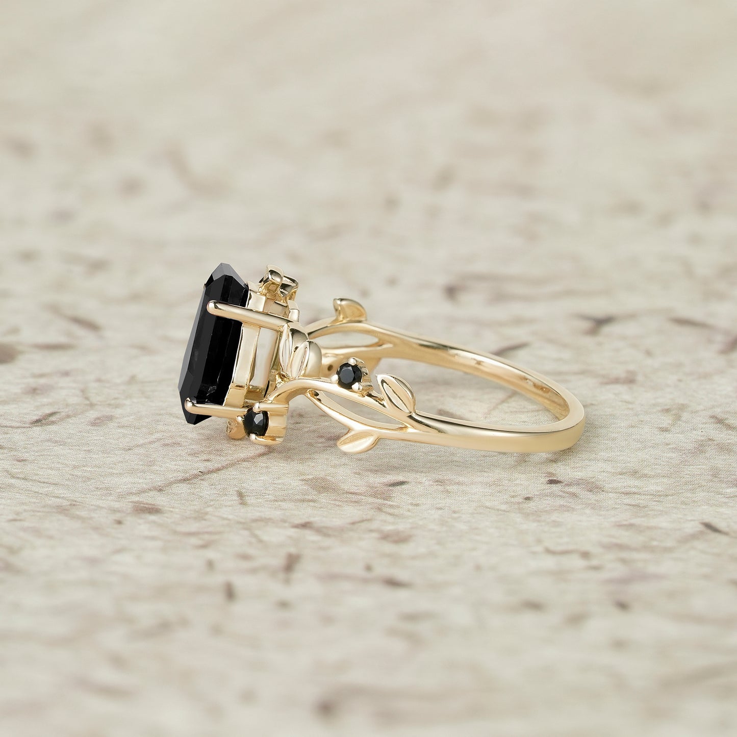 6x9mm Coffin Shaped Black Onyx Leaf Ring - Grace