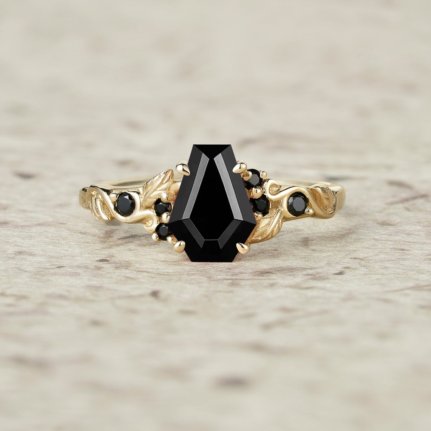 Nature's Embrace: Coffin Cut Black Onyx Leaf Ring - Lila