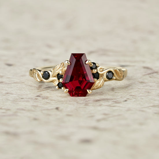 Nature's Embrace: Coffin Cut Ruby Leaf Ring - Lila