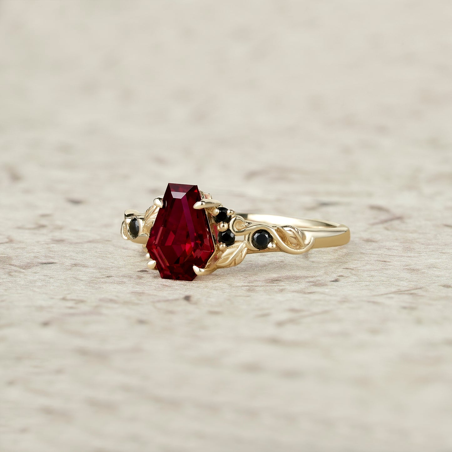 Nature's Embrace: Coffin Cut Ruby Leaf Ring - Lila