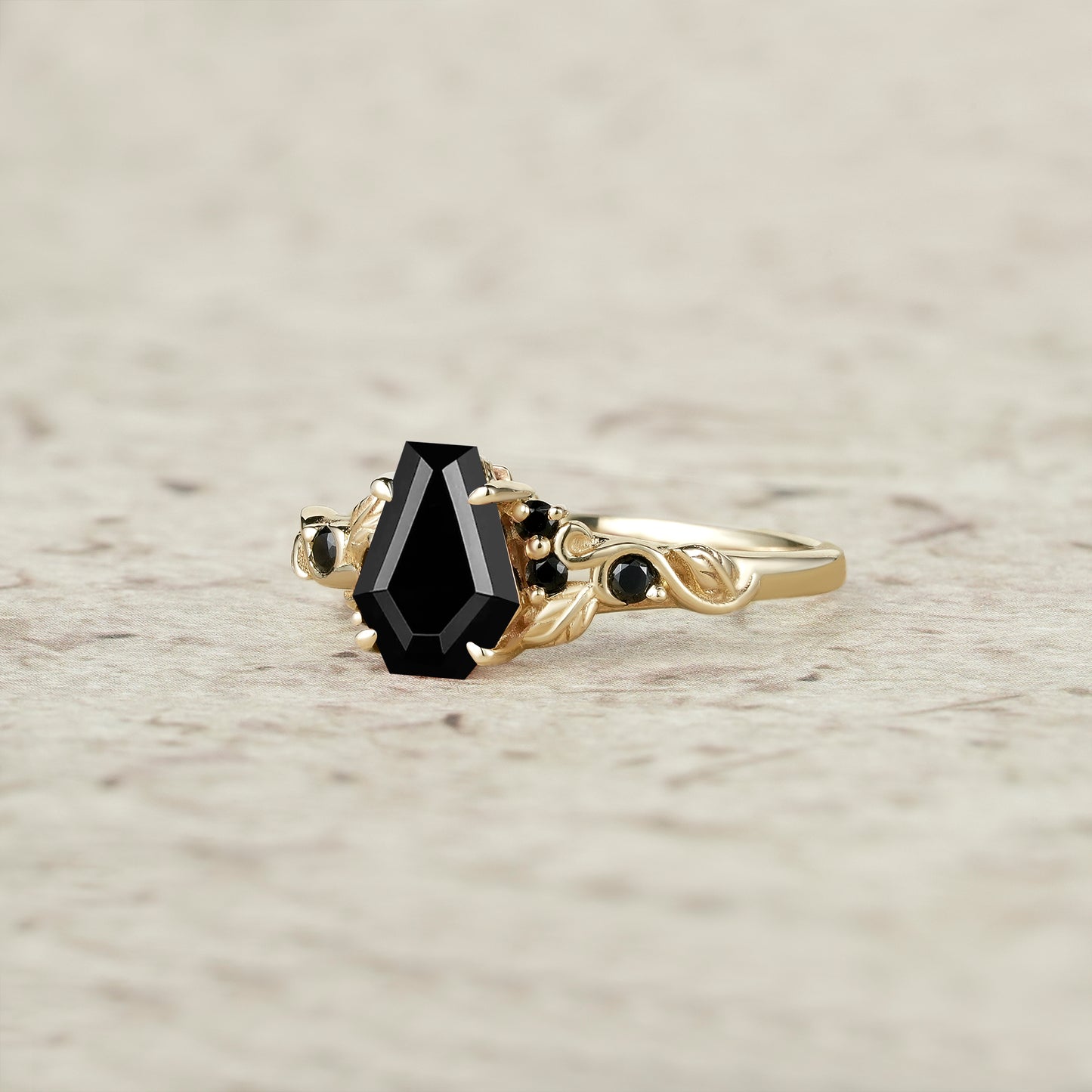 Nature's Embrace: Coffin Cut Black Onyx Leaf Ring - Lila