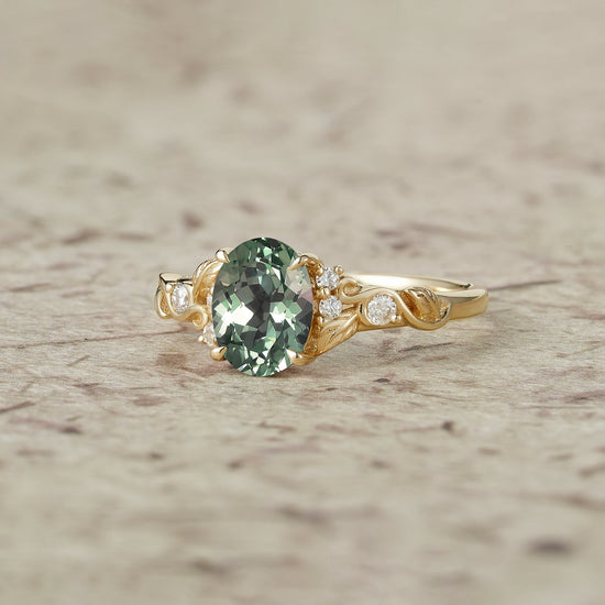 Nature's Embrace: Oval Cut Green Sapphire Leaf Ring - Lila