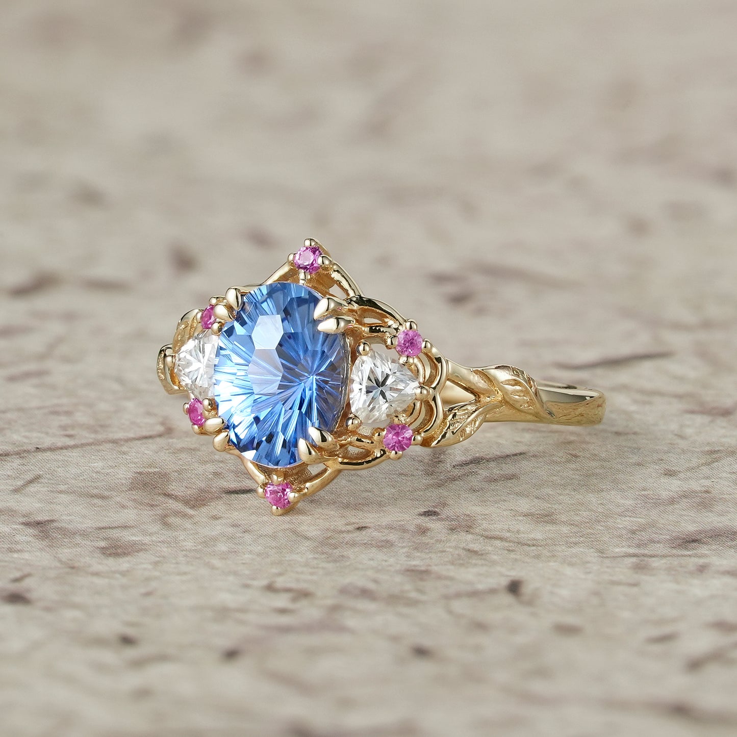 Three-Stone Starbrite Cut Sapphire Engagement Ring - Audrey