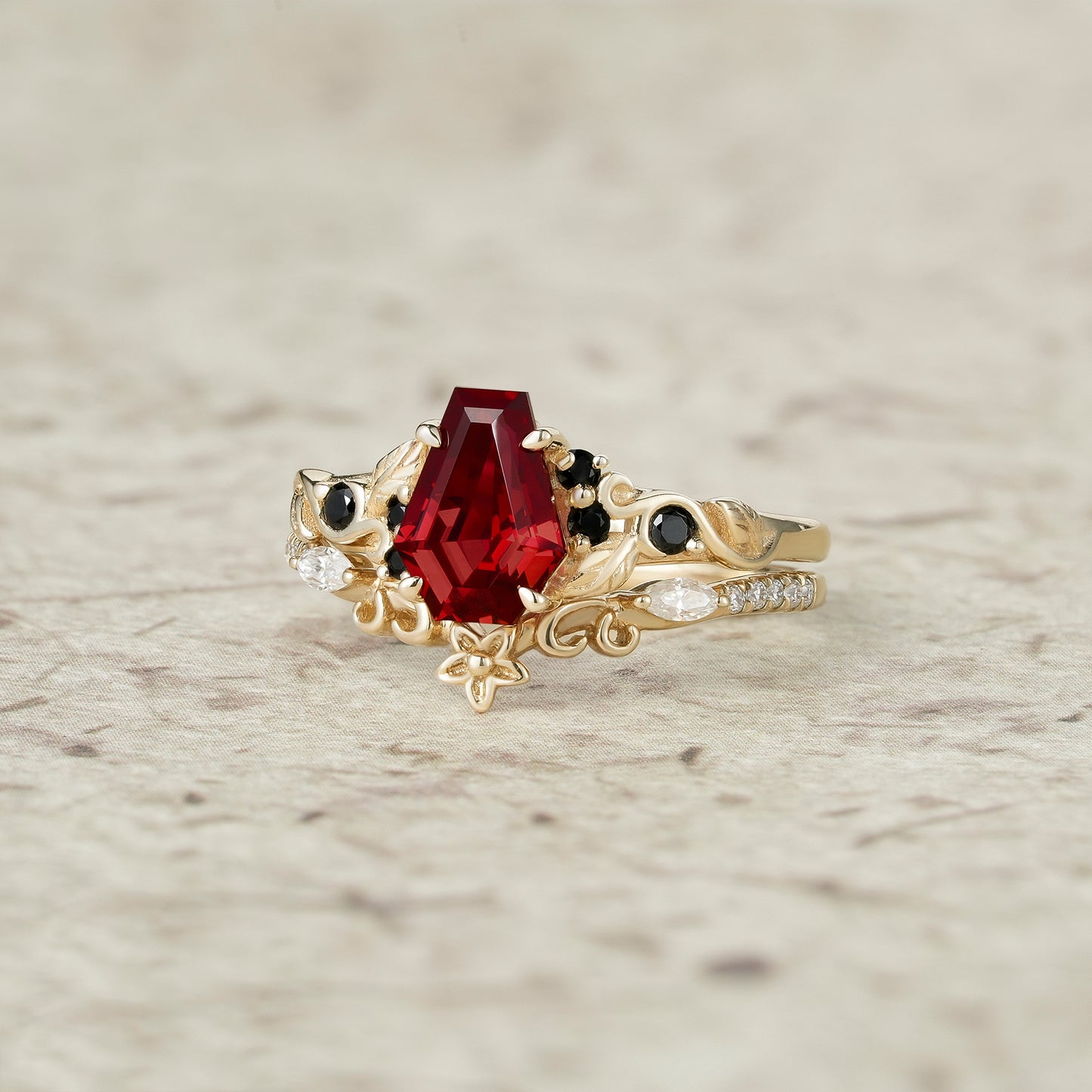 Nature's Embrace: Coffin Cut Ruby Leaf Ring Set - Lila