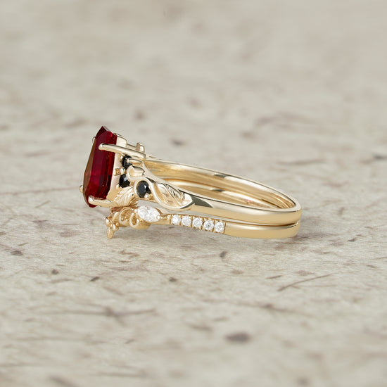 Nature's Embrace: Coffin Cut Ruby Leaf Ring Set - Lila