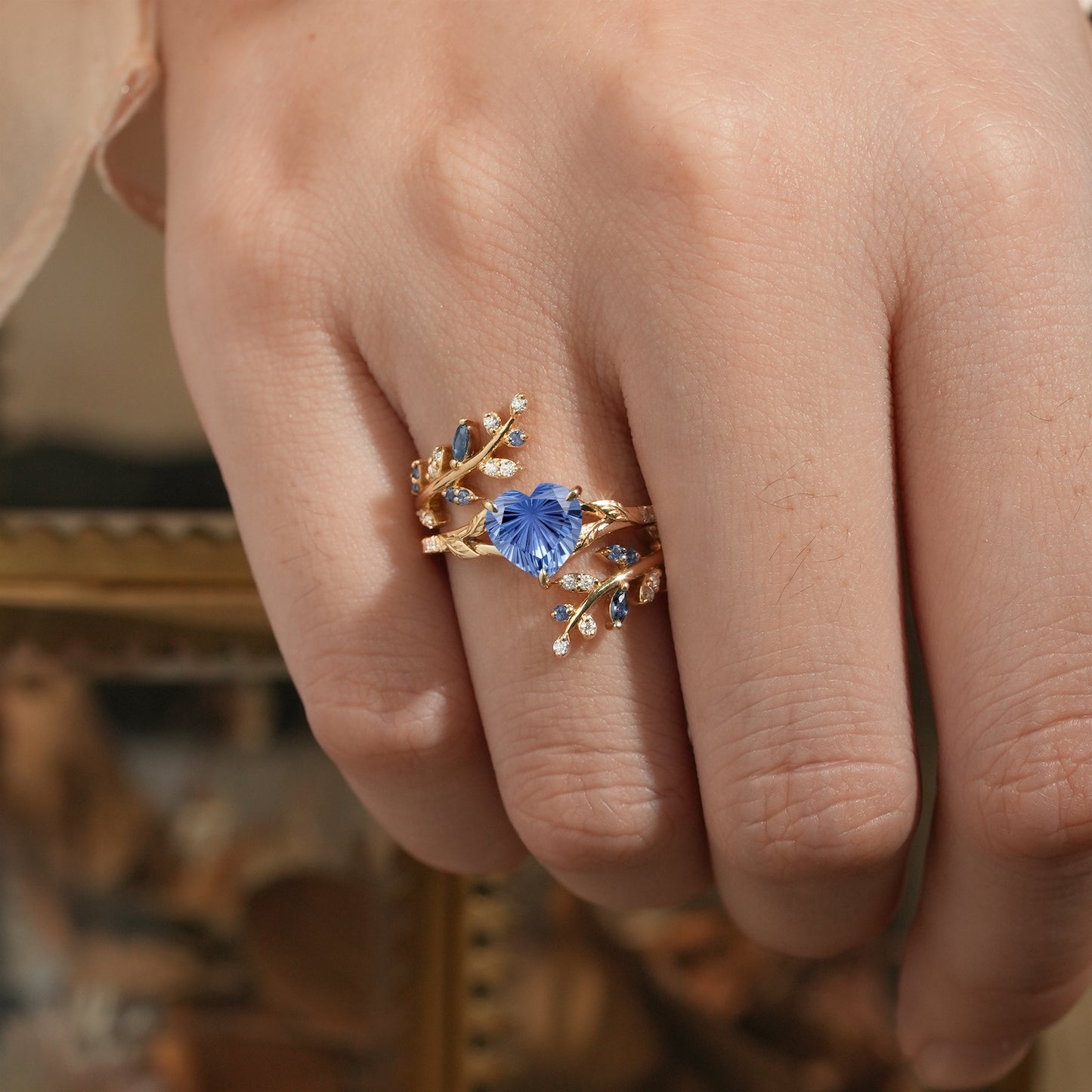 Aphrodite's Enchanted Vine | A Mythical Heart Shaped Starbrite Cut Sapphire Engagement Ring Set