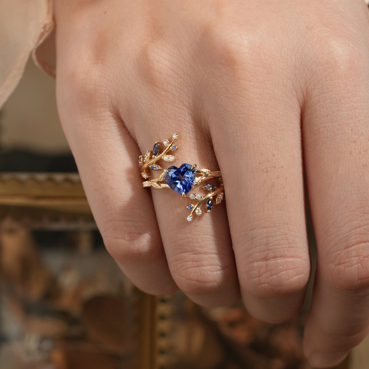 Aphrodite's Enchanted Vine | A Mythical Heart Shaped Sapphire Engagement Ring Set