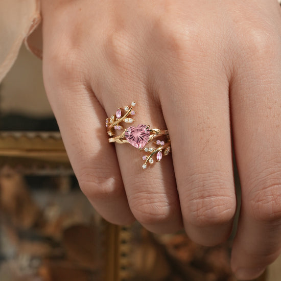 Aphrodite's Enchanted Vine | A Mythical Heart Shaped Starbrite Cut Padparadscha Engagement Ring Set