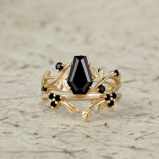 6x9mm Coffin Shaped Black Onyx Leaf Ring Set - Grace