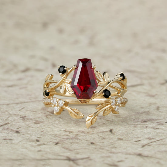 6x9mm Coffin Shaped Ruby Leaf Ring Set - Grace