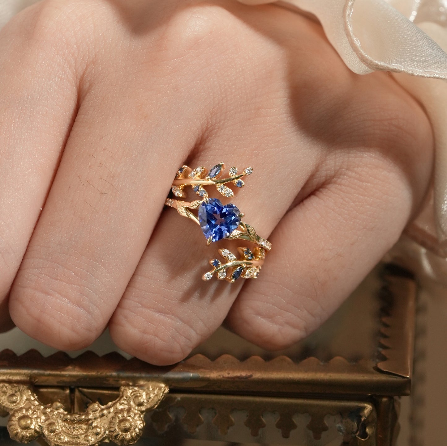 Aphrodite's Enchanted Vine | A Mythical Heart Shaped Sapphire Engagement Ring Set