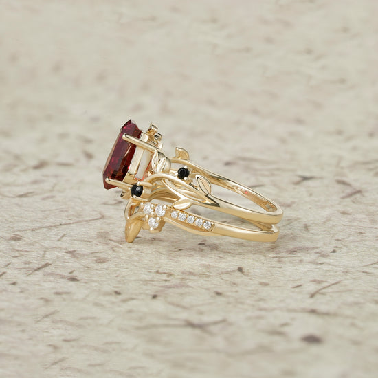 6x9mm Coffin Shaped Ruby Leaf Ring Set - Grace