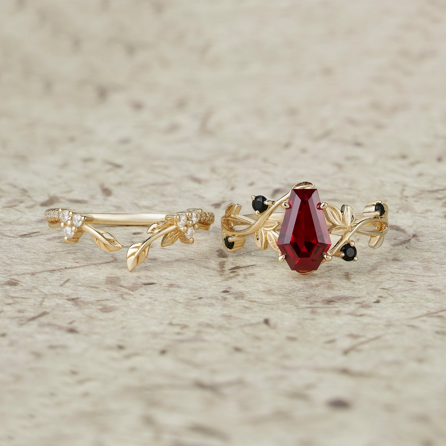 6x9mm Coffin Shaped Ruby Leaf Ring Set - Grace