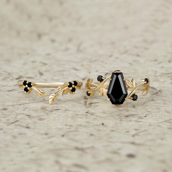 6x9mm Coffin Shaped Black Onyx Leaf Ring Set - Grace