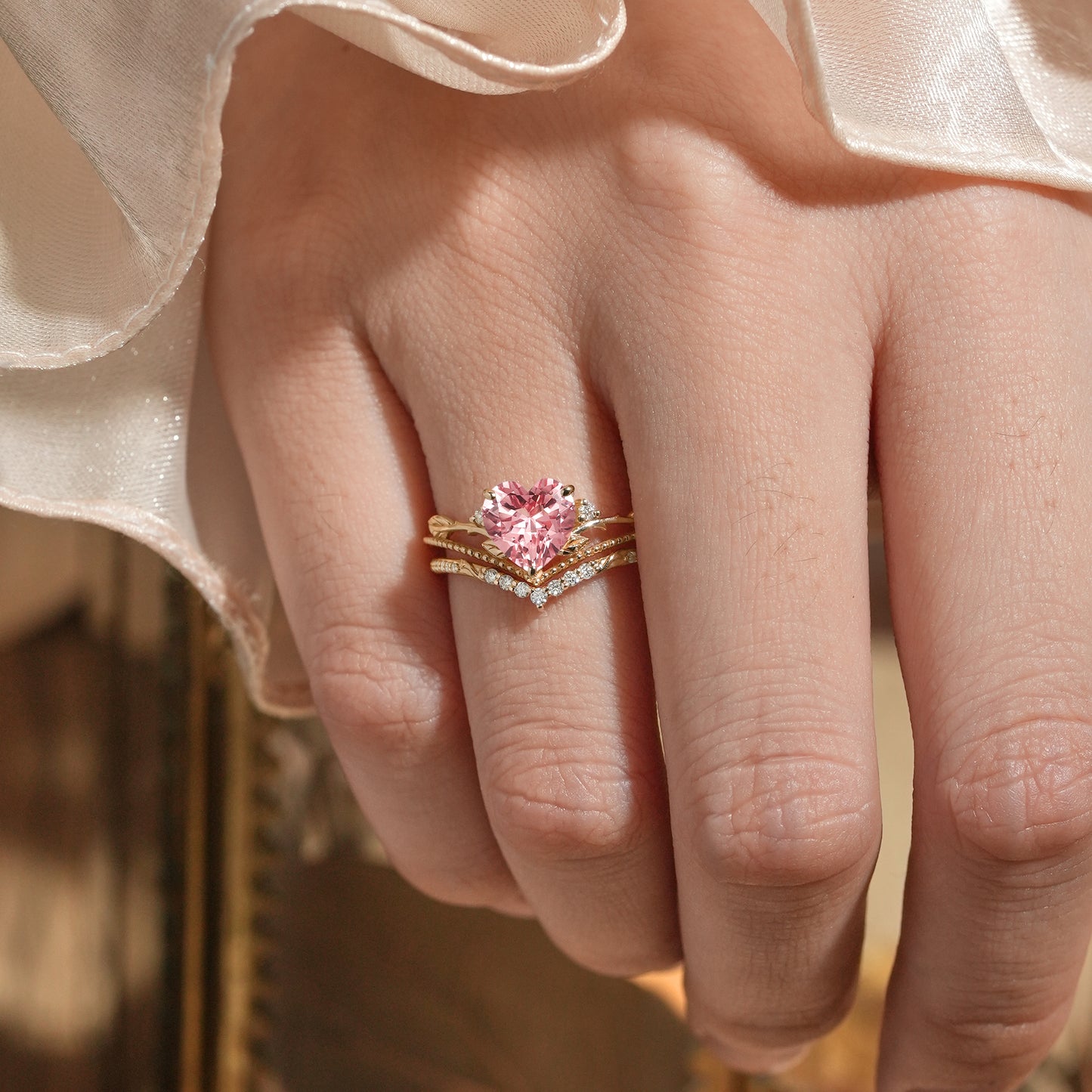 Crown Inspired Heart Shaped Padparadscha Engagement Ring Set - Imogen