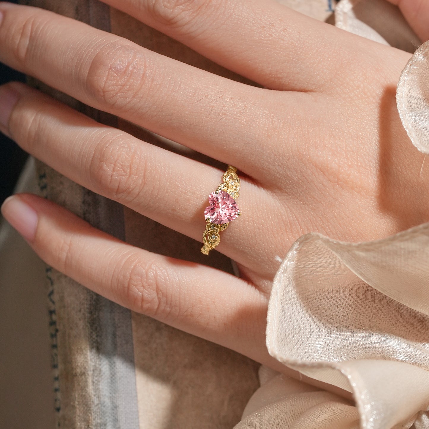 Blooming Rose | Heart Shaped Padparadscha Laef Engagement Ring - Ivy