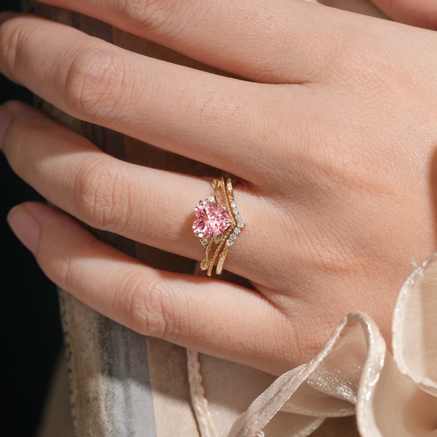 Crown Inspired Heart Shaped Padparadscha Engagement Ring Set - Imogen