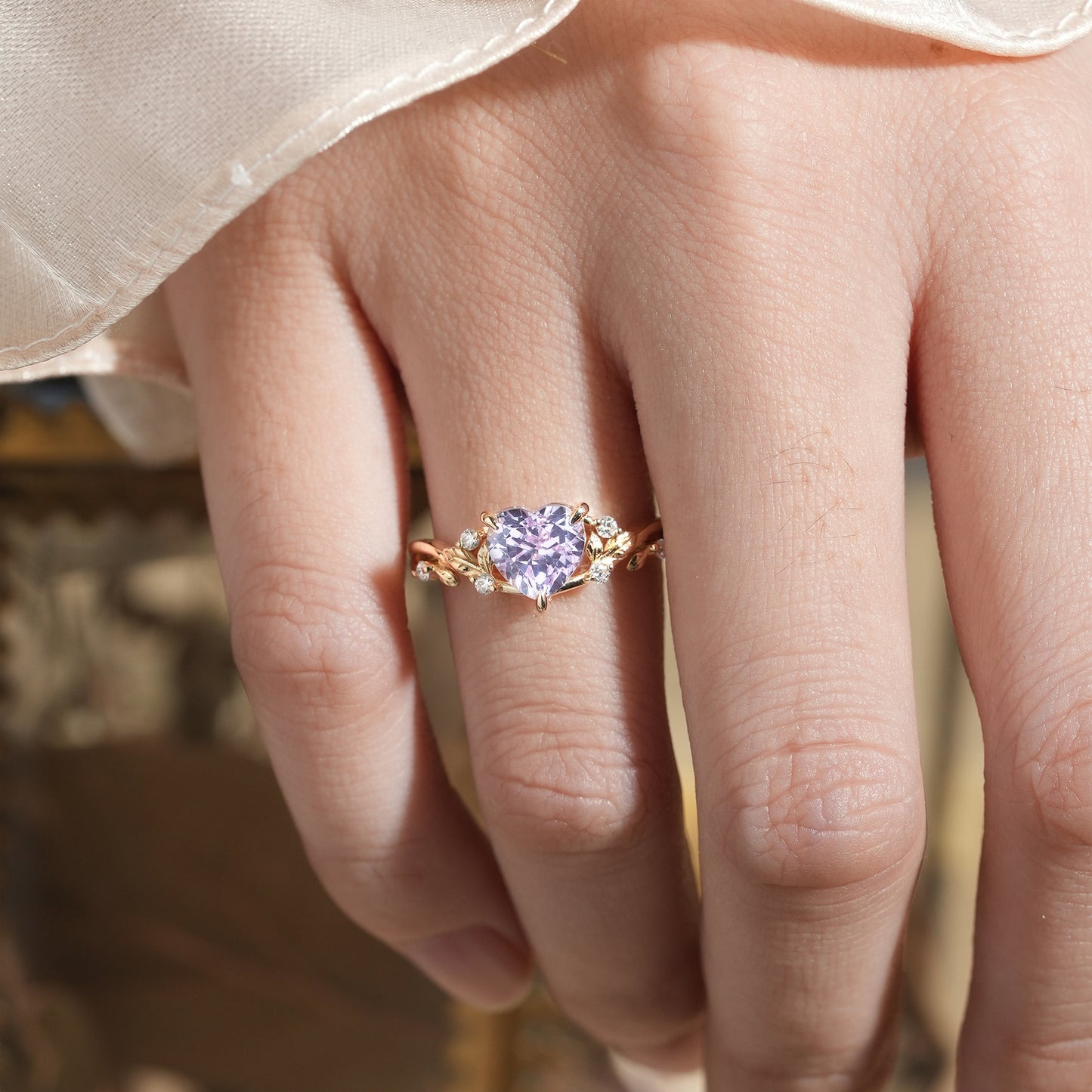 Heart-Shaped Lavender Sapphire with Elegant Leaf Design Ring - Nora