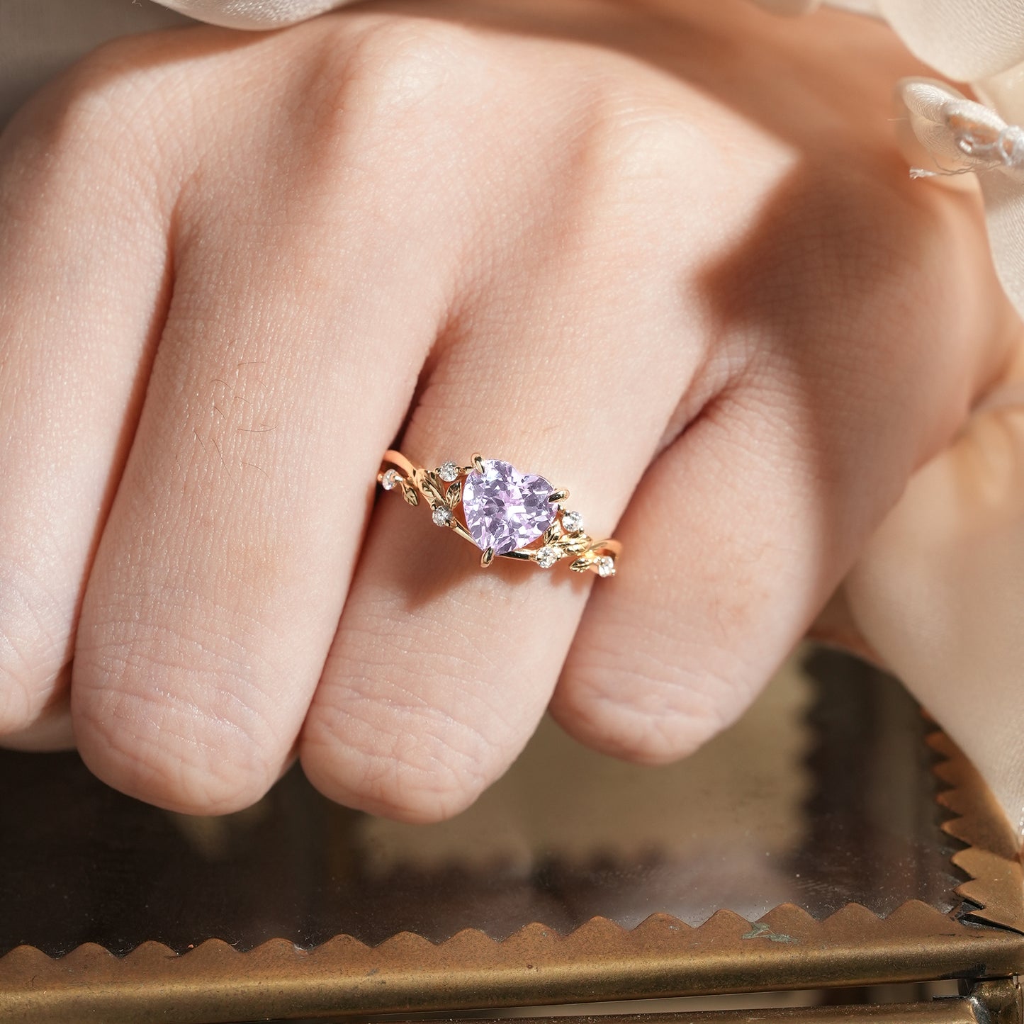 Heart-Shaped Lavender Sapphire with Elegant Leaf Design Ring - Nora