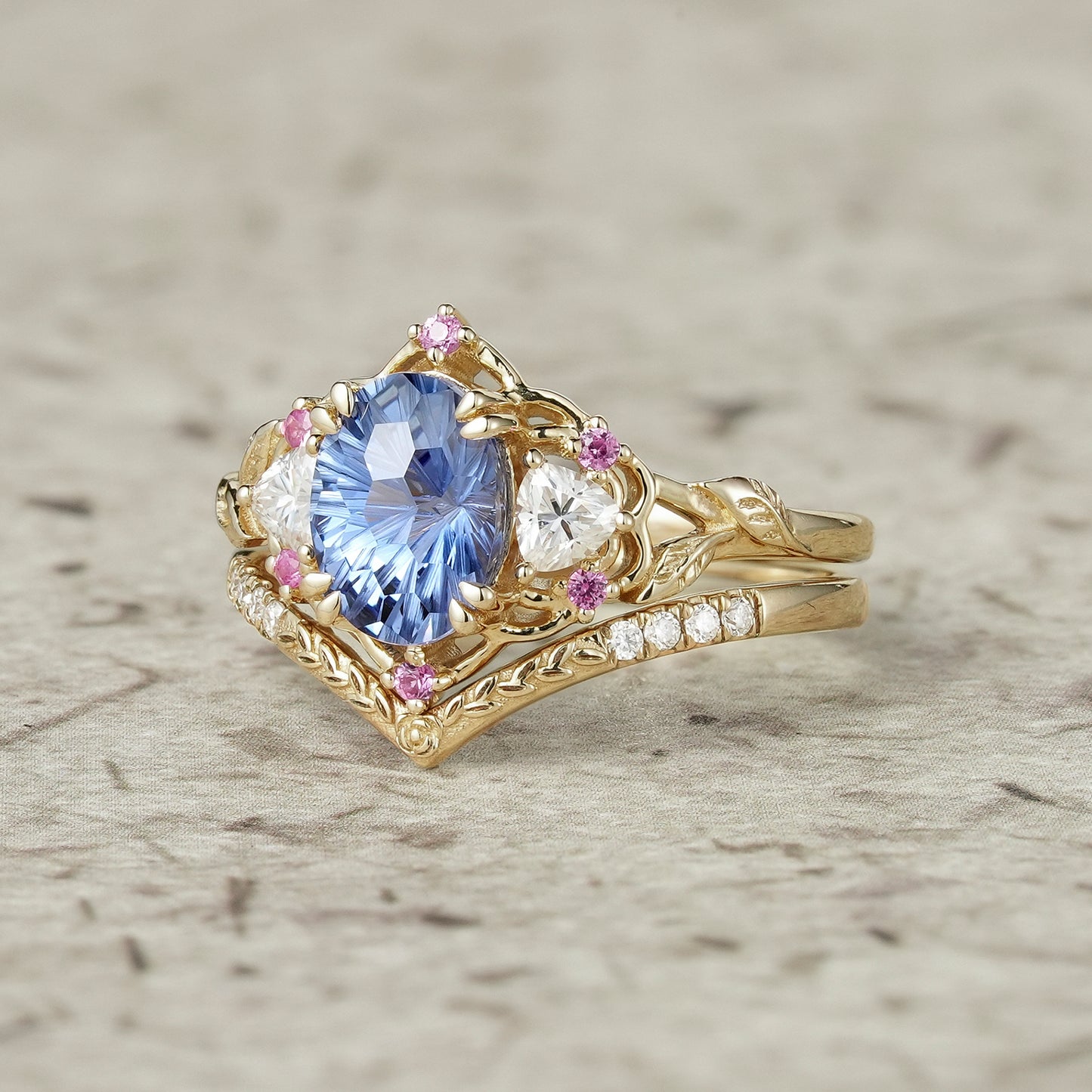 Three-Stone Starbrite Cut Sapphire and Moissanite Vintage Bridal Set - Gemma