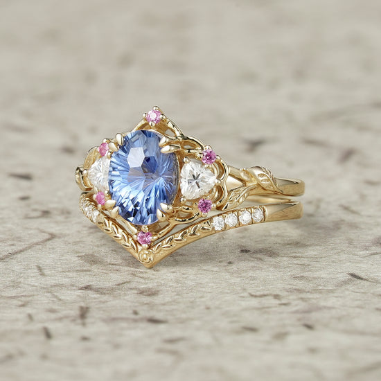 Three-Stone Starbrite Cut Sapphire and Moissanite Vintage Bridal Set - Gemma