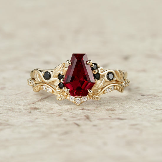 Nature's Embrace: Coffin Cut Ruby Leaf Ring Set - Penelope