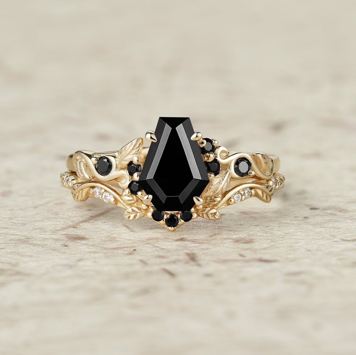 Nature's Embrace: Coffin Cut Black Onyx Leaf Ring Set - Penelope